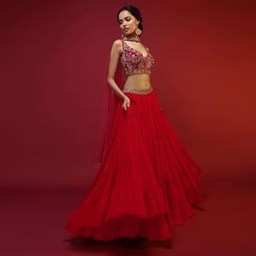 Cherry Red Gathered Lehenga Choli With Hand Embroidered Multi Colored Resham And Sequins Work In Floral Jaal Design