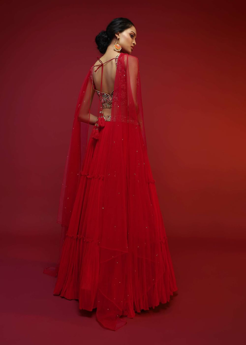 Cherry Red Gathered Lehenga Choli With Hand Embroidered Multi Colored Resham And Sequins Work In Floral Jaal Design