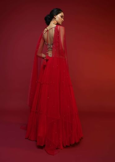 Cherry Red Gathered Lehenga Choli With Hand Embroidered Multi Colored Resham And Sequins Work In Floral Jaal Design