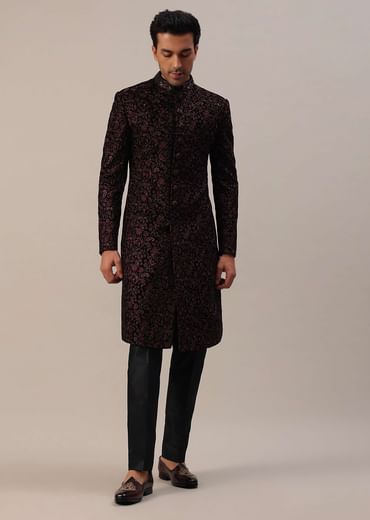 Cherry Red Embroidered Sherwani Set In Velvet