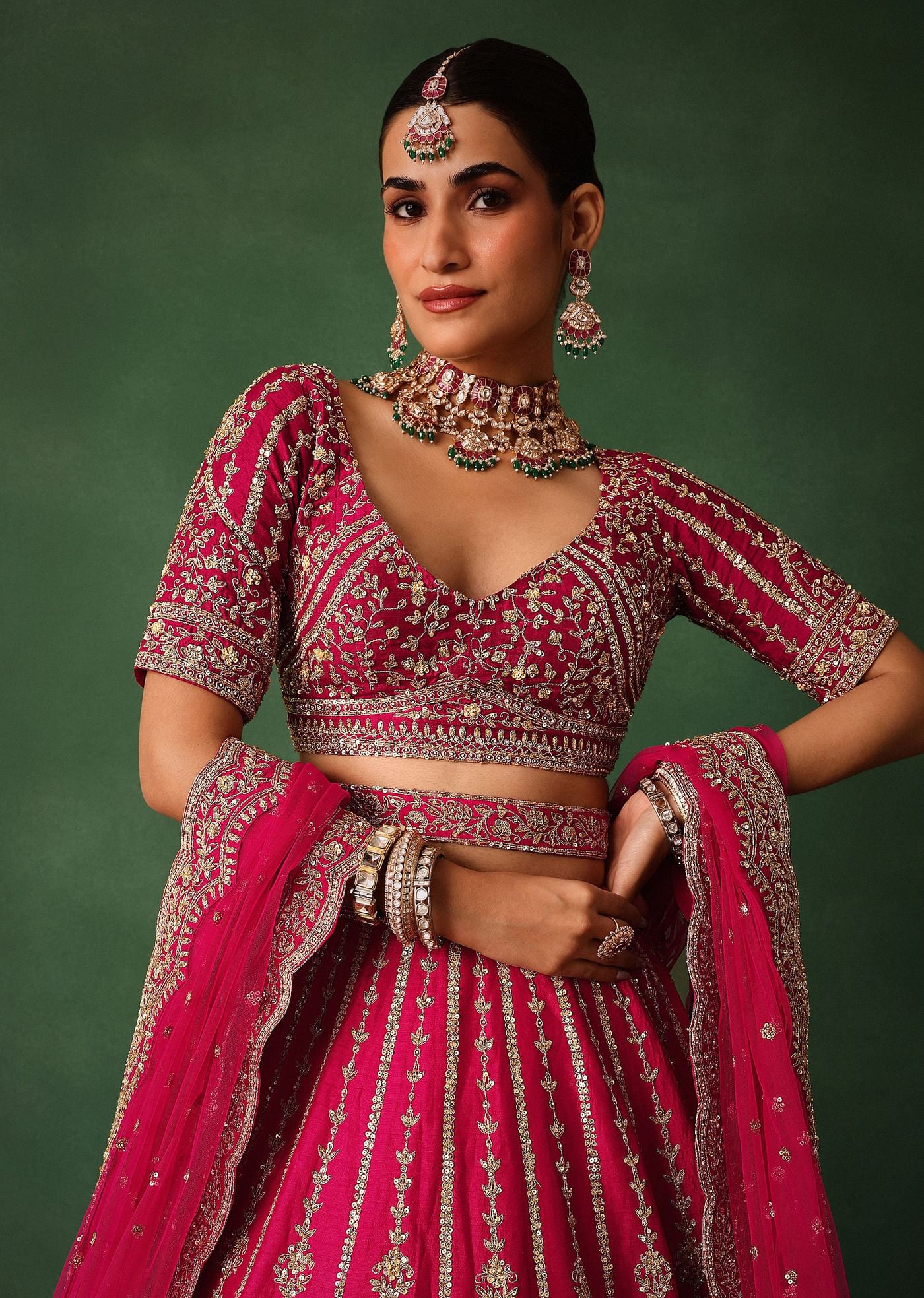 Cherry Red Hand Embroidered Raw Silk Lehenga Set With Dupatta