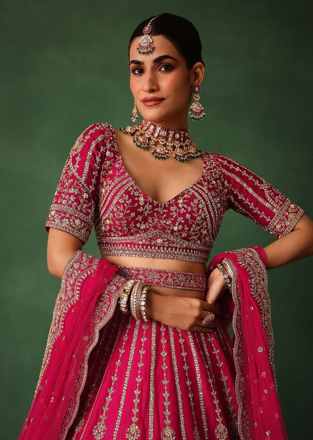 Cherry Red Hand Embroidered Raw Silk Lehenga Set With Dupatta