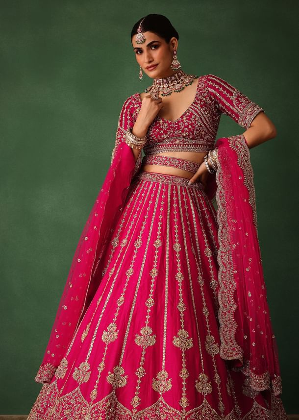 Cherry Red Hand Embroidered Raw Silk Lehenga Set With Dupatta