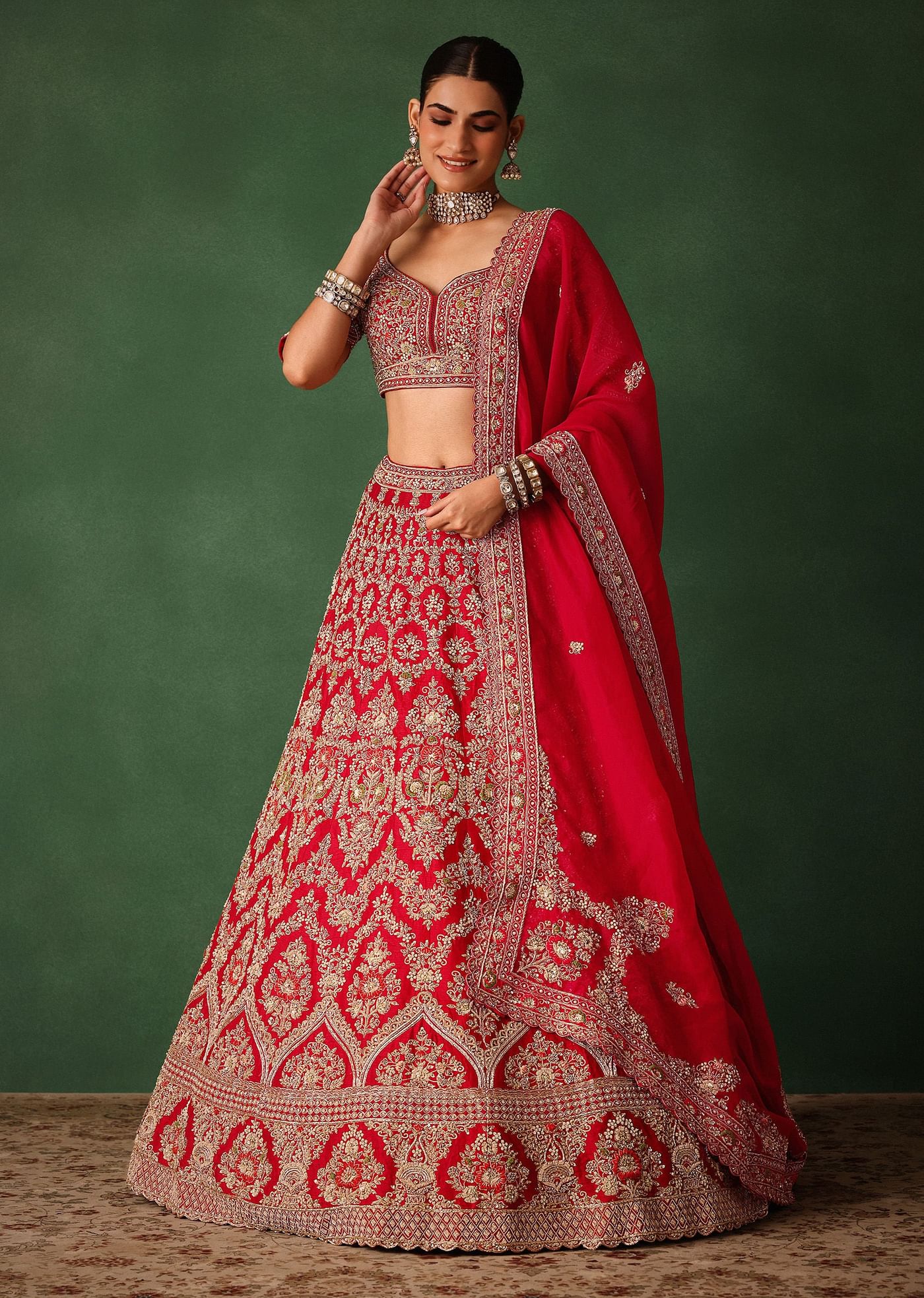 Cherry Red Hand Embroidered Raw Silk Lehenga Set With Net Dupatta
