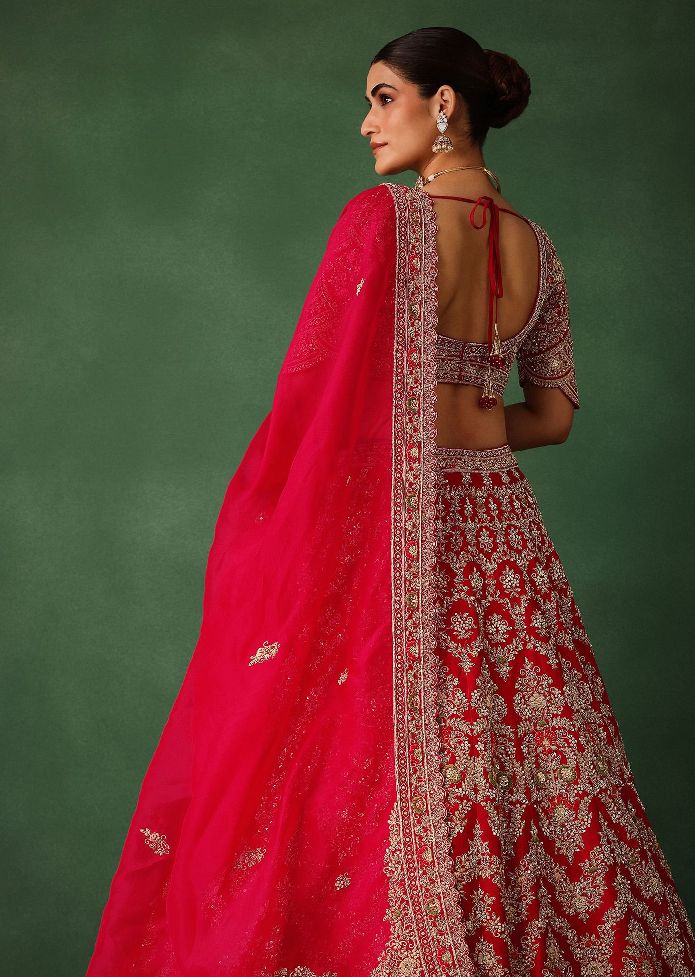 Cherry Red Hand Embroidered Raw Silk Lehenga Set With Net Dupatta