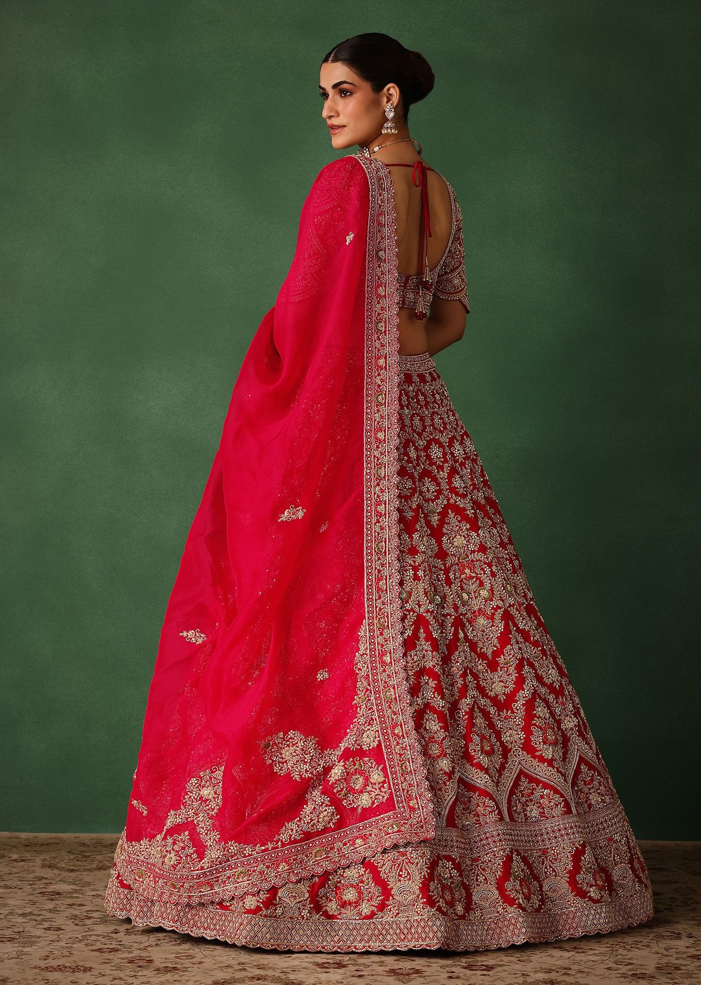 Cherry Red Hand Embroidered Raw Silk Lehenga Set With Net Dupatta