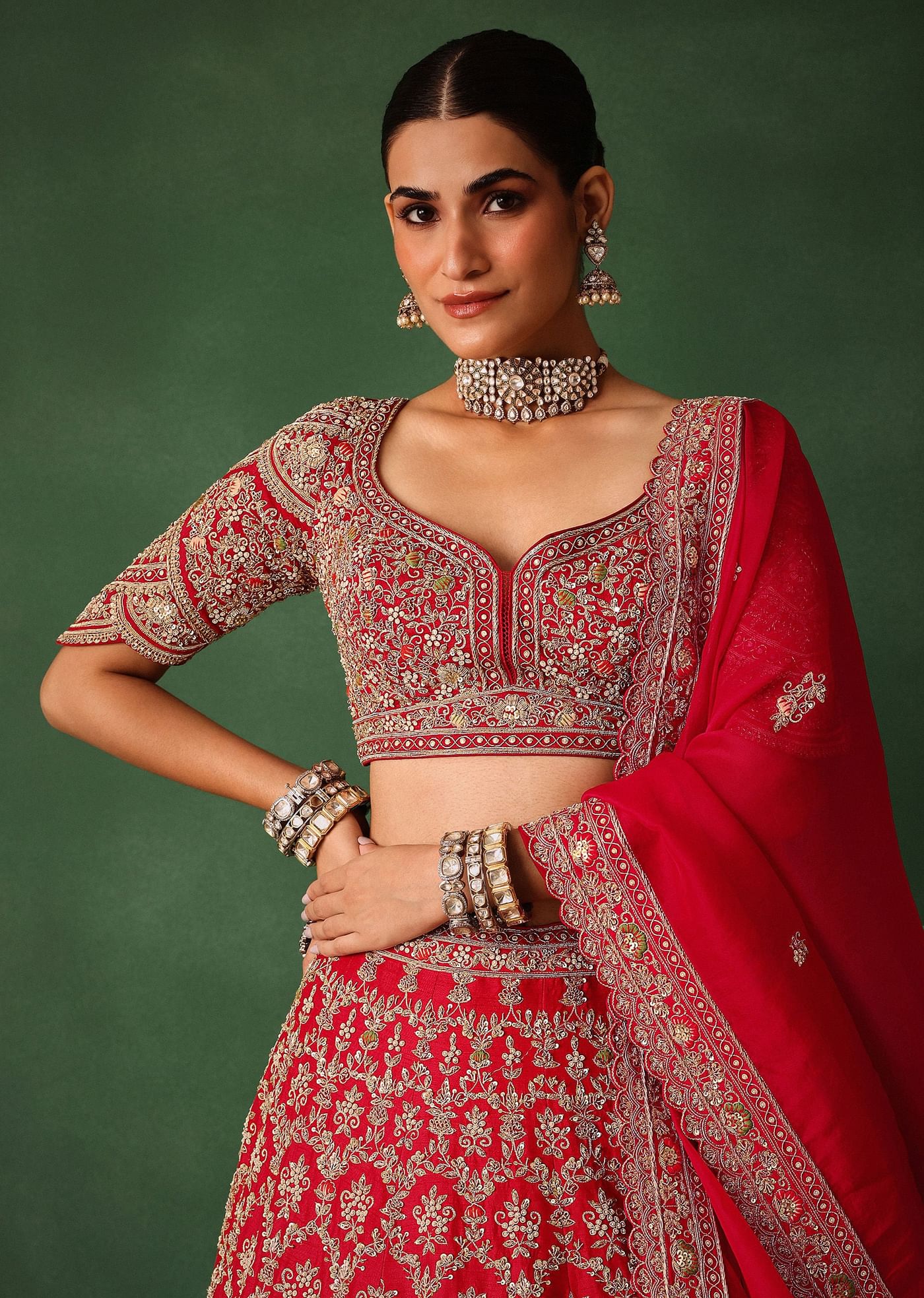 Cherry Red Hand Embroidered Raw Silk Lehenga Set With Net Dupatta