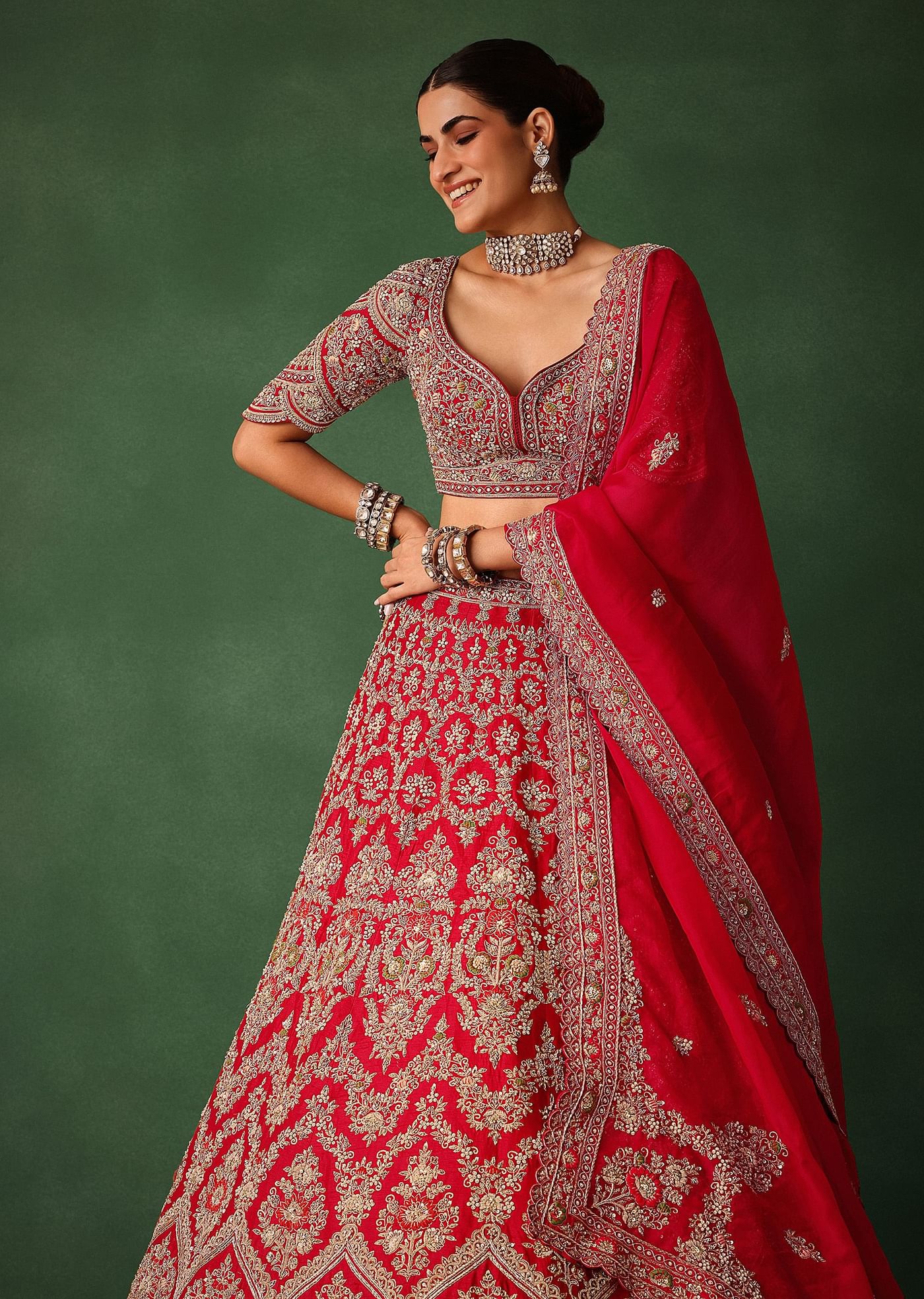 Cherry Red Hand Embroidered Raw Silk Lehenga Set With Net Dupatta