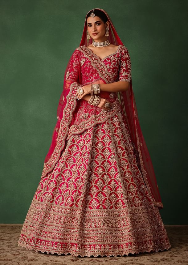 Cherry Red Raw Silk Hand Embroidered Lehenga Set With Net Dupatta