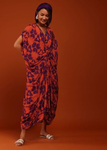 Cherry Tomato And Egg-Plant Purple Tie Dye Print Kaftan With A Front Knot Online