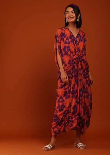 Cherry Tomato And Egg-Plant Purple Tie Dye Print Kaftan With A Front Knot Online