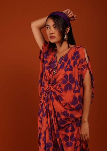 Cherry Tomato And Egg-Plant Purple Tie Dye Print Kaftan With A Front Knot Online