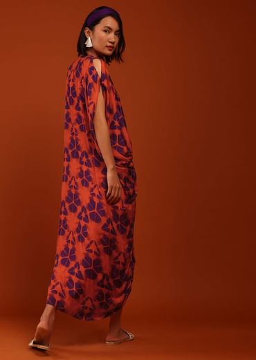 Cherry Tomato And Egg-Plant Purple Tie Dye Print Kaftan With A Front Knot Online