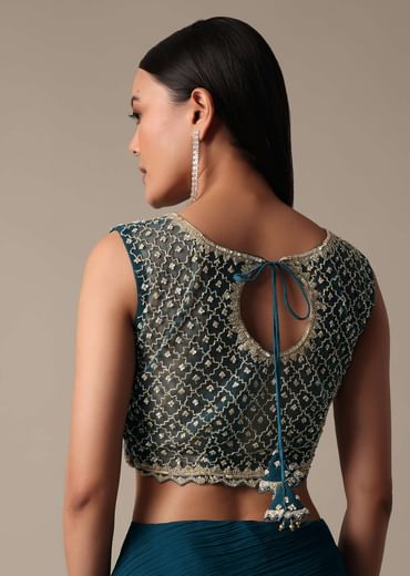 Chic Blue Ready Pleated Saree With Ready Made Blouse