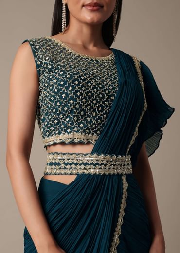Chic Blue Ready Pleated Saree With Ready Made Blouse