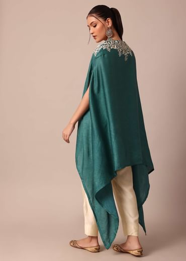 Chic Turquoise Blue Crop Top With Embroidered Jacket And Pants
