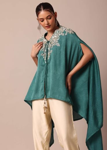 Chic Turquoise Blue Crop Top With Embroidered Jacket And Pants