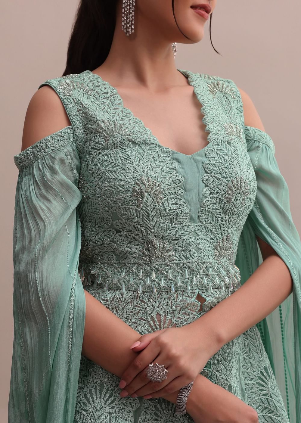 Chic Turquoise Blue Lehenga With Embroidered Off-Shoulder Short Kurta