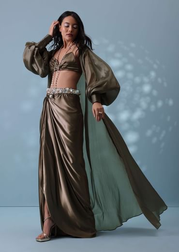 Chocolate Brown Indowestern Skirt Set With Jacket In Milano Organza