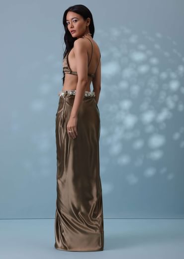 Chocolate Brown Indowestern Skirt Set With Jacket In Milano Organza