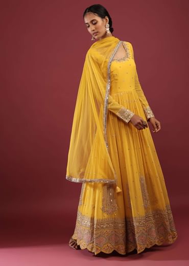 Canary Yellow Anarkali Suit In Georgette With Multicolored Resham And Zari Embroidered Mughal Design