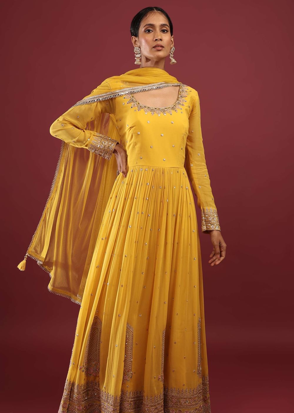 Canary Yellow Anarkali Suit In Georgette With Multicolored Resham And Zari Embroidered Mughal Design