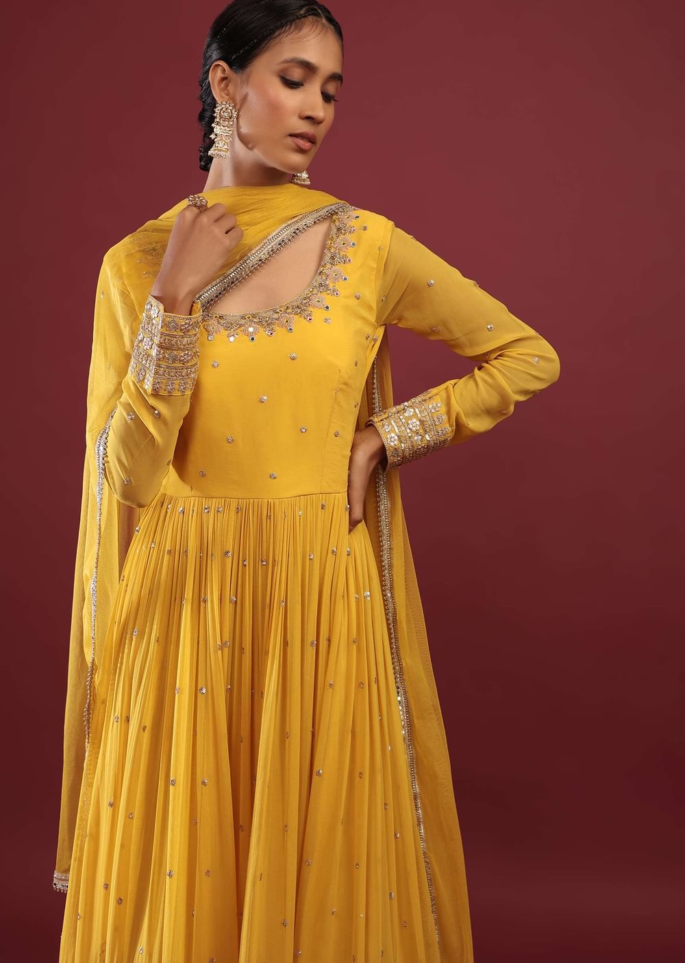 Canary Yellow Anarkali Suit In Georgette With Multicolored Resham And Zari Embroidered Mughal Design