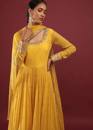 Canary Yellow Anarkali Suit In Georgette With Multicolored Resham And Zari Embroidered Mughal Design