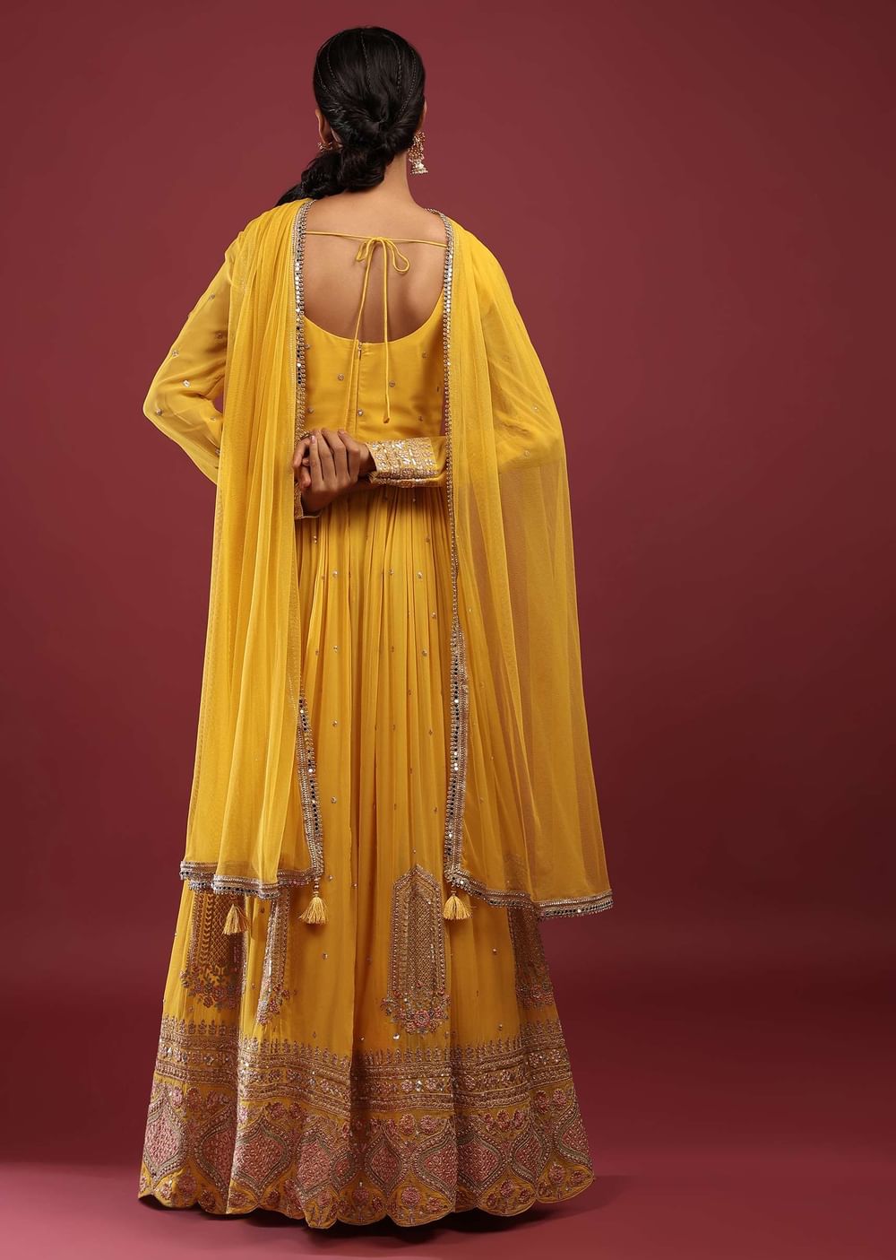 Canary Yellow Anarkali Suit In Georgette With Multicolored Resham And Zari Embroidered Mughal Design