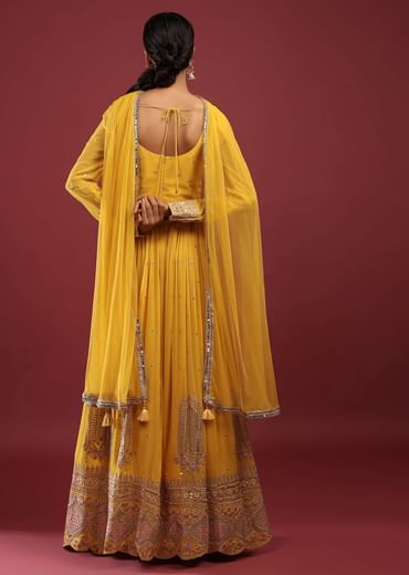 Canary Yellow Anarkali Suit In Georgette With Multicolored Resham And Zari Embroidered Mughal Design
