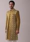 Chrome Yellow Printed Achkan Jacket Sherwani Set In Silk