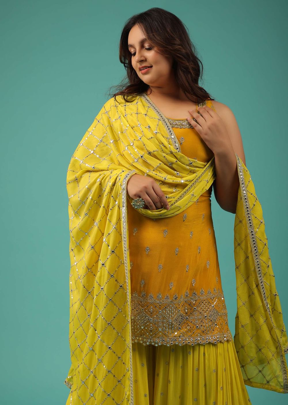 Chrome Yellow Sharara Suit In Chinon With Embroidery