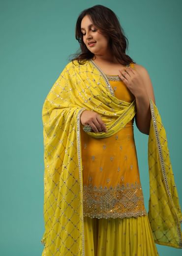 Chrome Yellow Sharara Suit In Chinon With Embroidery