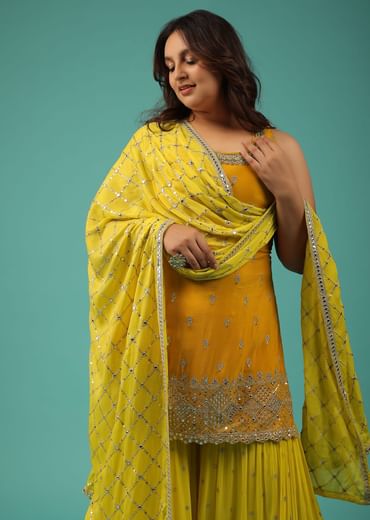 Chrome Yellow Sharara Suit With Embroidery