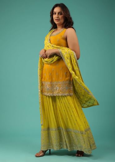 Chrome Yellow Sharara Suit In Chinon With Embroidery