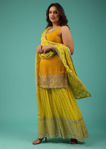 Chrome Yellow Sharara Suit With Embroidery