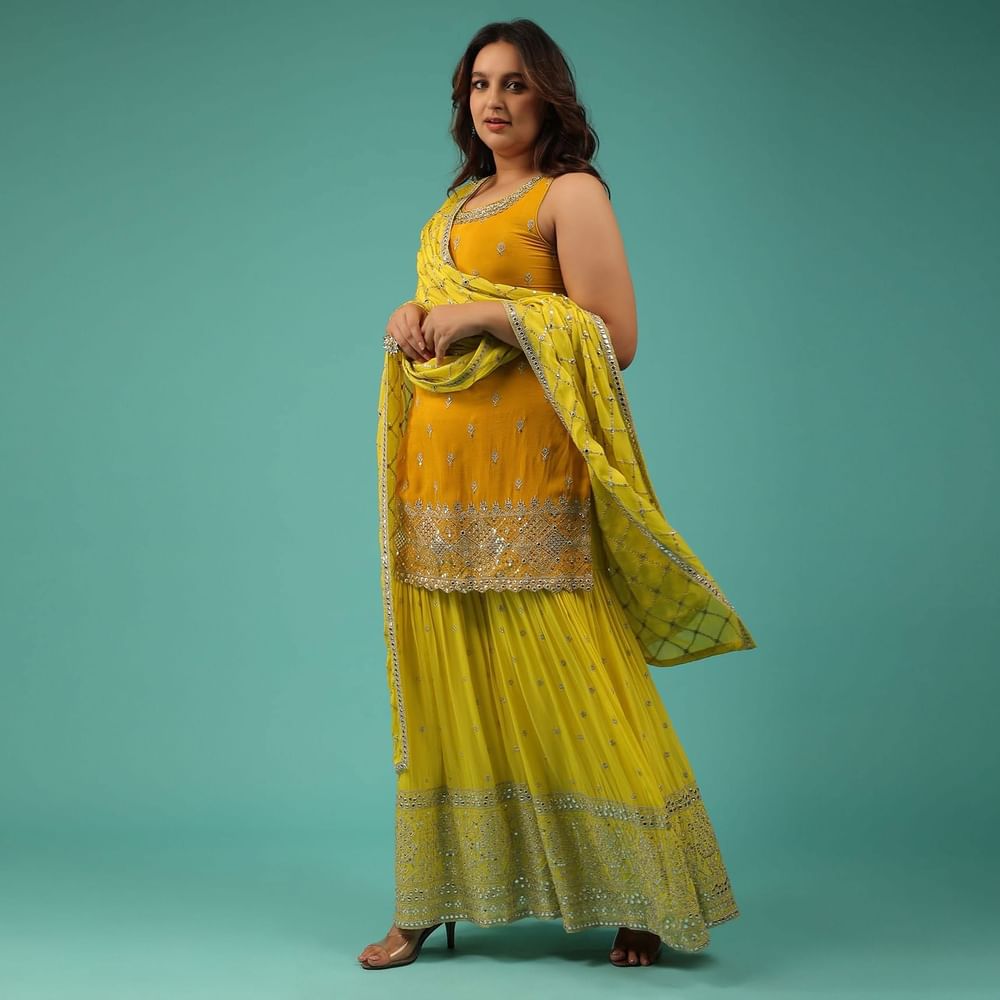 Chrome Yellow Sharara Suit With Embroidery