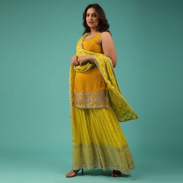 Chrome Yellow Sharara Suit With Embroidery