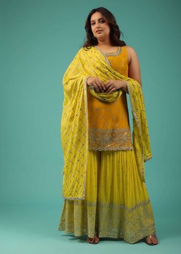 Chrome Yellow Sharara Suit In Chinon With Embroidery