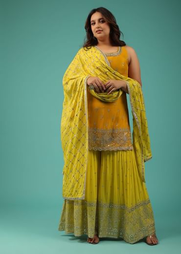 Chrome Yellow Sharara Suit With Embroidery