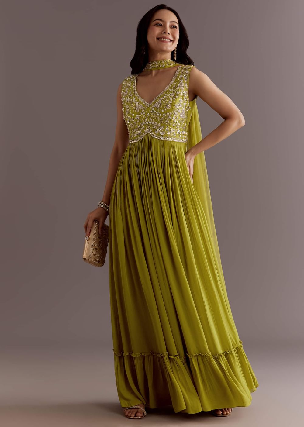 Citrus Green Embroidered Georgette Anarkali With Choker Dupatta