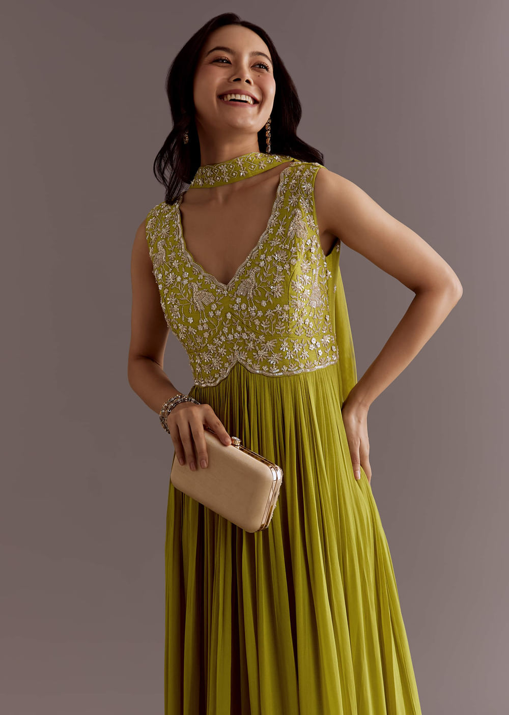 Citrus Green Embroidered Georgette Anarkali With Choker Dupatta