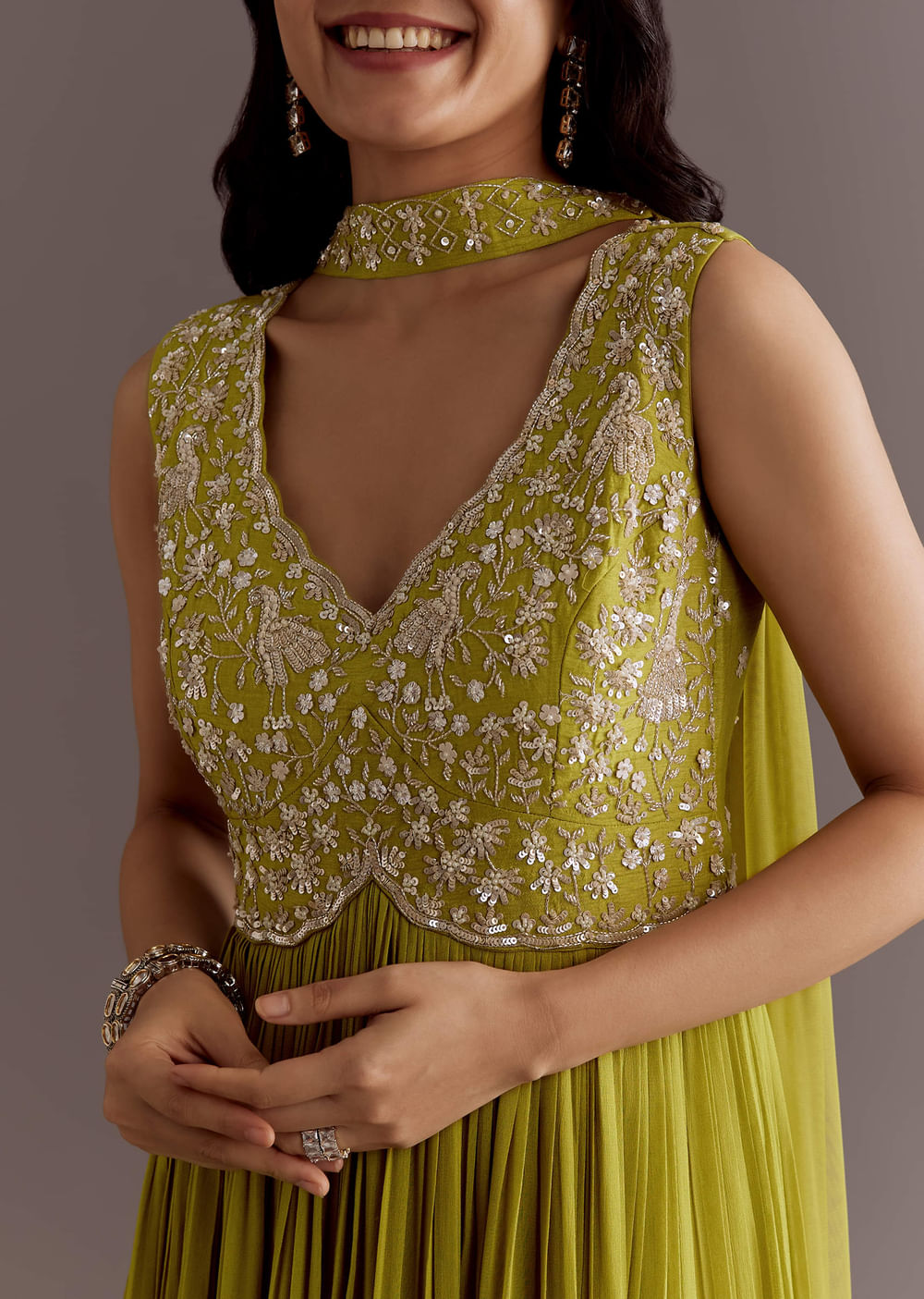 Citrus Green Embroidered Georgette Anarkali With Choker Dupatta