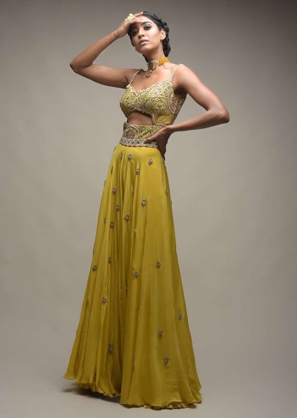 Citrus Jumpsuit In Crepe With Front Cut Out And Zardozi Embroidered Floral Jaal