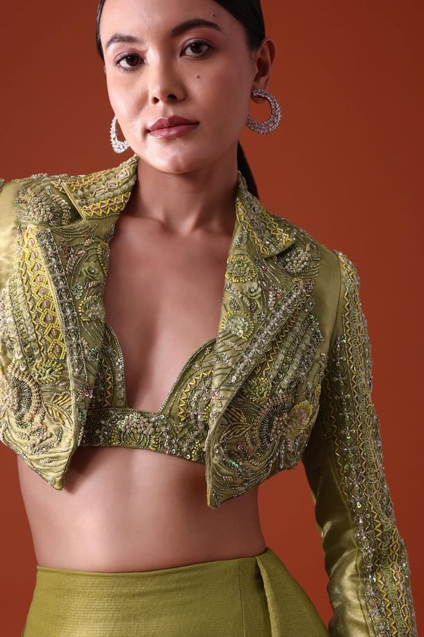 Citrus Green Draped Slit Skirt With Embroidered Short Jacket