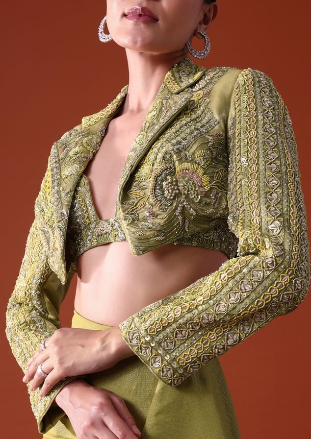 Citrus Green Draped Slit Skirt With Embroidered Short Jacket