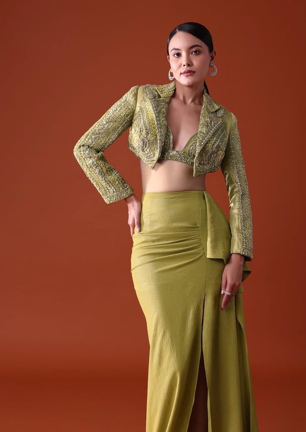 Citrus Green Draped Slit Skirt With Embroidered Short Jacket