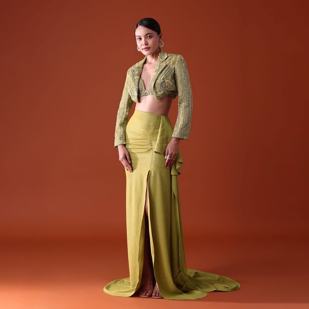 Citrus Green Draped Slit Skirt With Embroidered Short Jacket