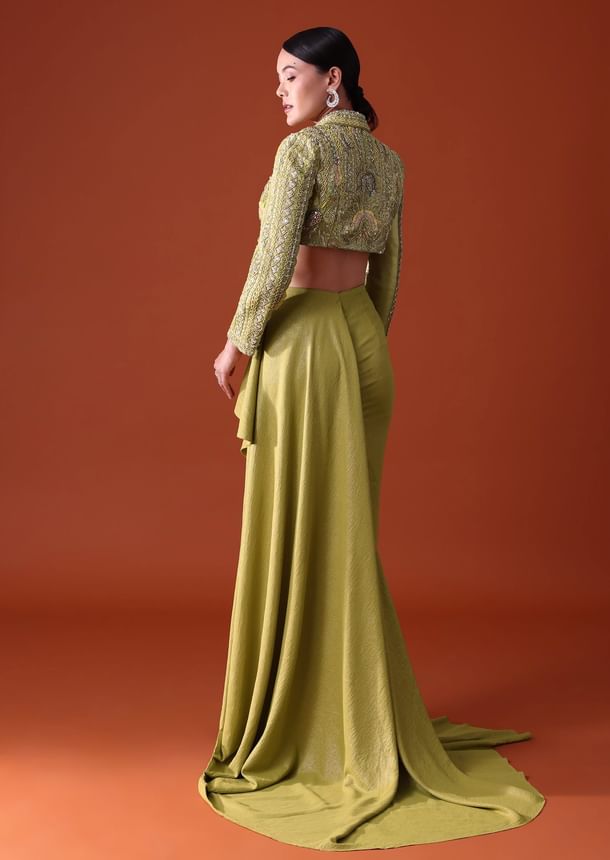 Citrus Green Draped Slit Skirt With Embroidered Short Jacket