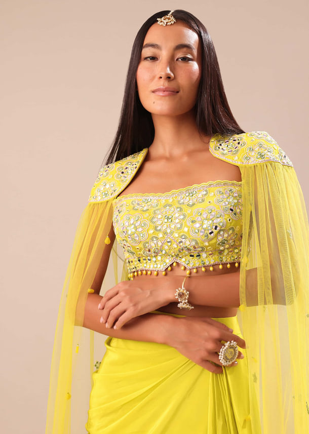 Citrus Green Draped Skirt With Embroidered Blouse And Cape